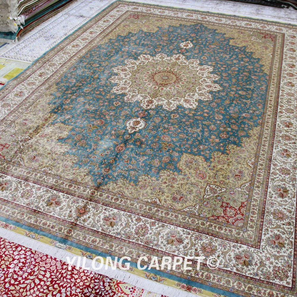 Yilong 10'x14' элегантный светильник синий Турецкий Дизайн Ручной Работы шелковые персидские ковры ручной работы(TJ061A