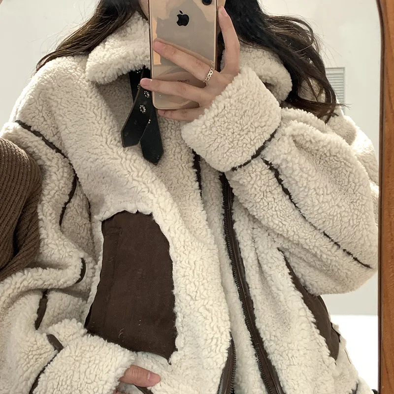 Женское лоскутное пальто из искусственной кожи и шерсти замши овечьей Корейская