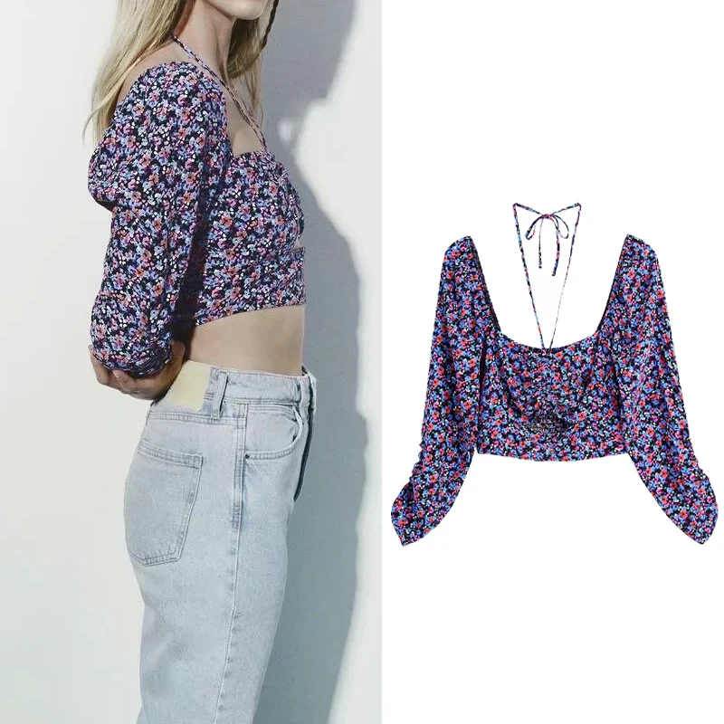 

Женская короткая рубашка с длинным рукавом Za, повседневная ажурная блузка с квадратным вырезом и принтом, осень 2021