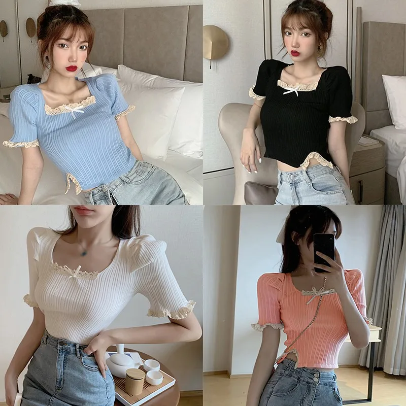 

Korean Square Neck Puff Sleeve Women's Crop Top Short Sleeve T Shirts Cropped Top Lace Stitching Slim Fit Knitted Women Tops