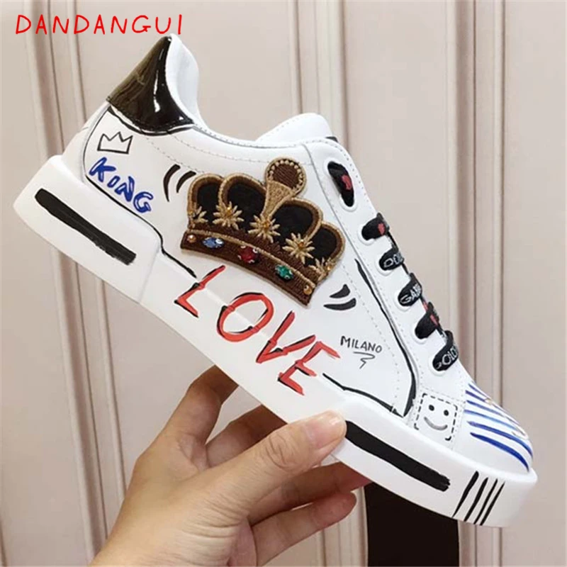 

White Graffiti Crystal Female Sneakers Luxury Designer Natural Leather Women's Running Shoes Spring Autumn Casual Girls Shoes