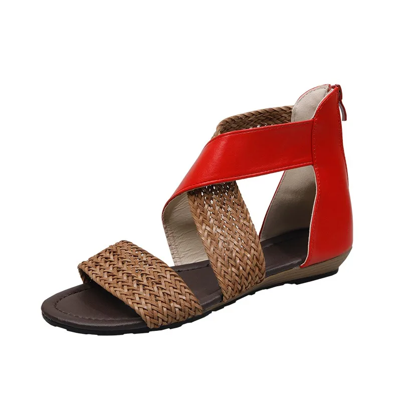 

Fashion New Fish Mouth Leather Canvas Women Weave Wedge Heel Shoes Zipper Sandals Casual Beach Sandals Roman Shoes
