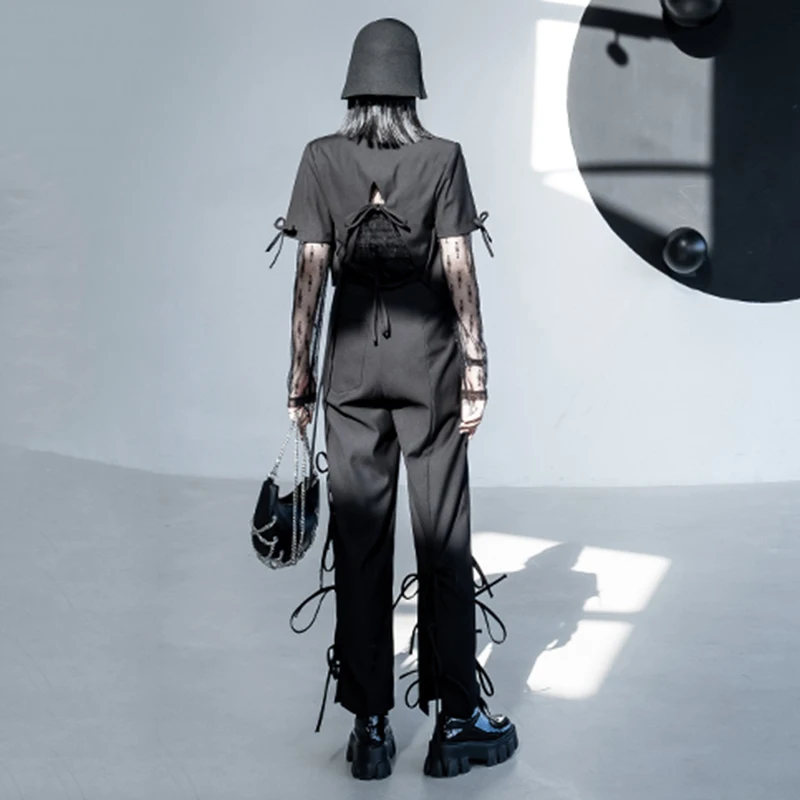 

[EAM] Wide Leg Pants Bandage Two Piece Suit New Lapel Half Sleeve Black Loose Fit Women Fashion Tide Spring Autumn 2021 1DE1445