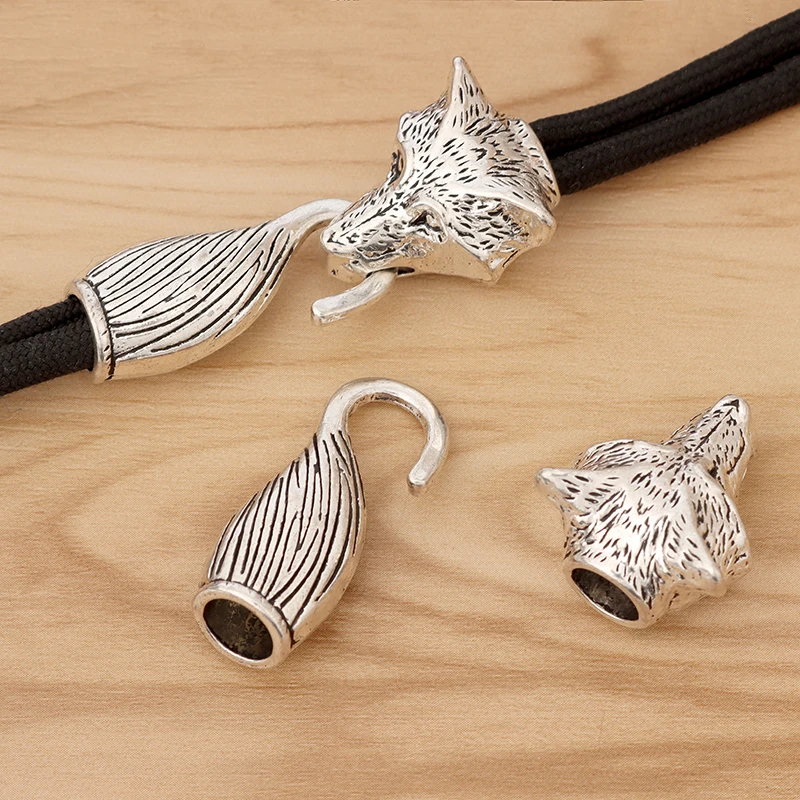 

2 Sets Tibetan Silver Wolf Head End Cap Hook Clasp Bracelet Findings 8mm Hole For Round Leather Cord