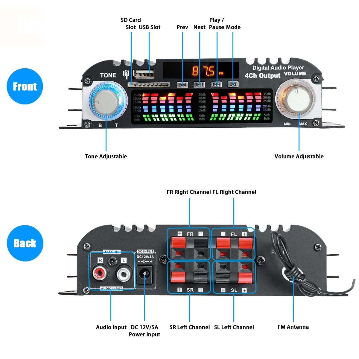 Цифровой усилитель BT-998 12V/220V 2CH