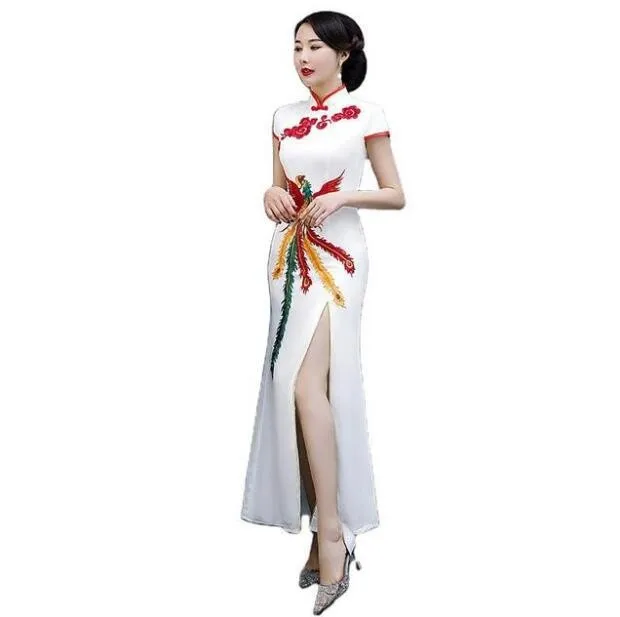 

Lady Sexy Side Split Chinese Dresses Elegant Embroidery Phoenix Satin Qipao Slim Short Sleeve Wedding Party Vestidos De Festa