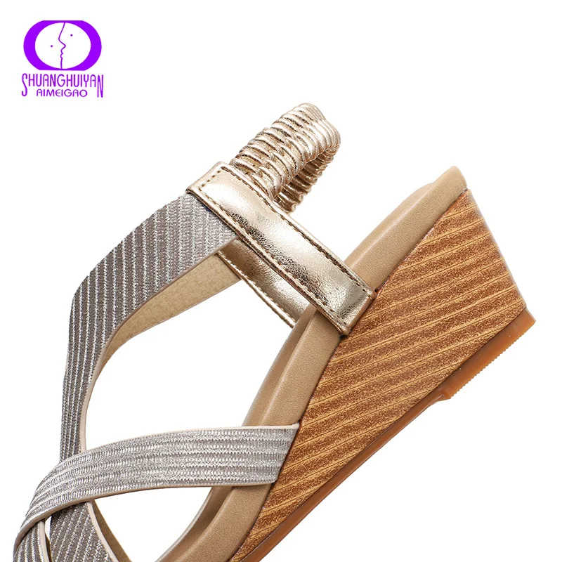 

Summer Comfort Band-Strap Wedge Sandals Thick-Heels Soft Leather Elastic-Band Shoes Slip-on Light Casual Ladies Beach Sandals