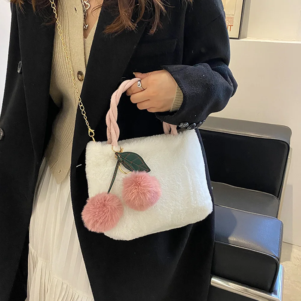 

Korean Style Fashion Women's Plush Bag Solid Color Top-handle Handbag with Cherry Pendant Chain Small Capacity Crossbody Bag