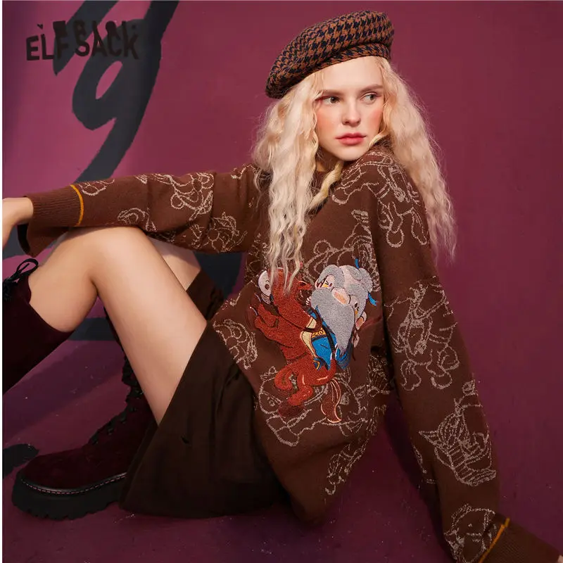 ELFSACK Confucius Jacquard Casual Pullover Knit Sweaters Women,2020 Winter ELF Vintage Towel Embroidery Ladies Daily Soft Tops