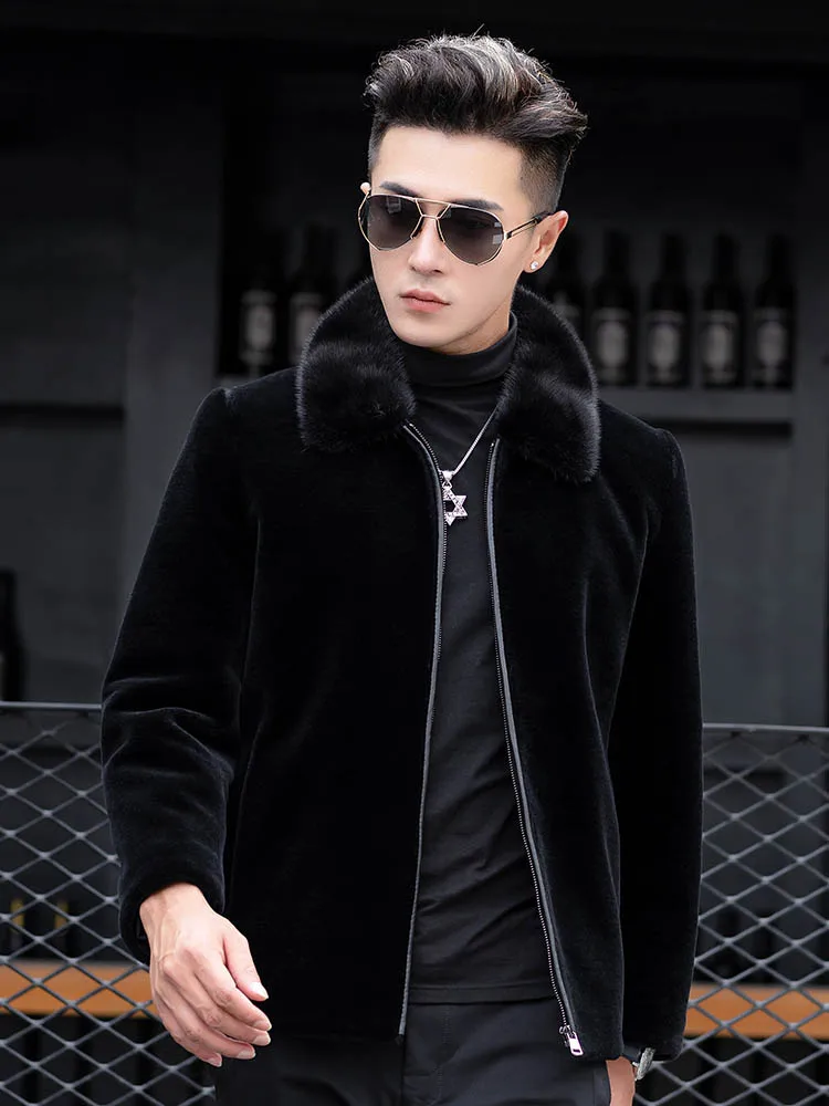 

Mink Fur Collar Shearling Cashmere Coat Male Leather Clothes Winter 90% White Duck Down Jacket