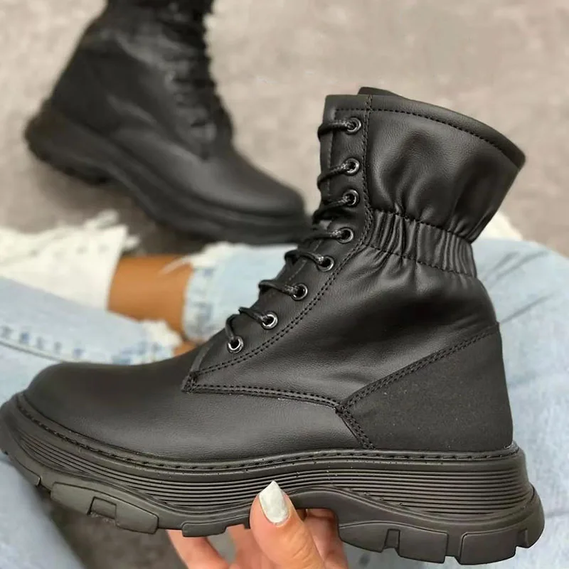 

2021 Women Elastic Band Ankle Boots Woman Platform Short Boots Ladies Pleated Lace Up Flats Female Motorcycle Boots Punk Shoes