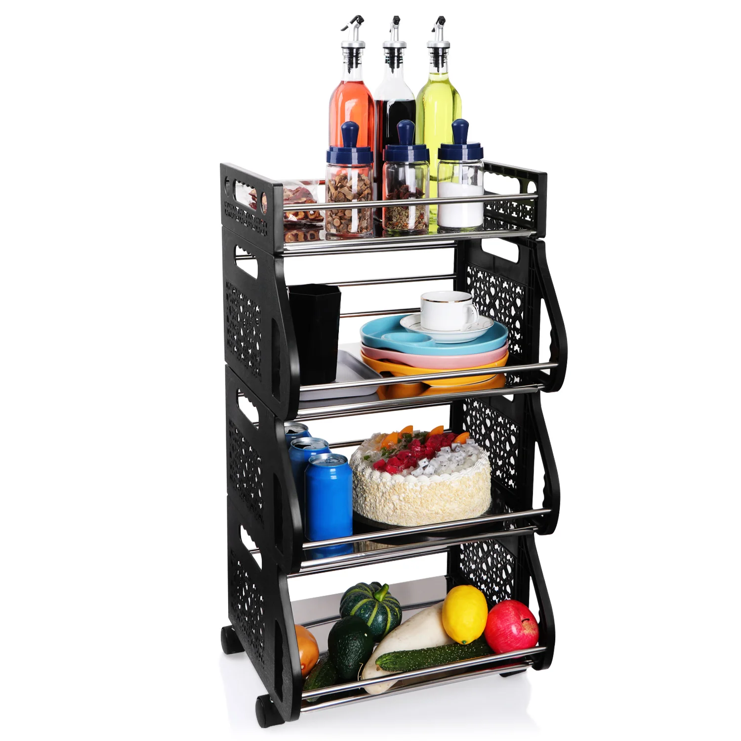 

4 Tier Vegetable Fruit Storage Basket Rolling Stackable Utility Cart Rack Metal Organizer Bins for Kitchen Pantry Bathroom