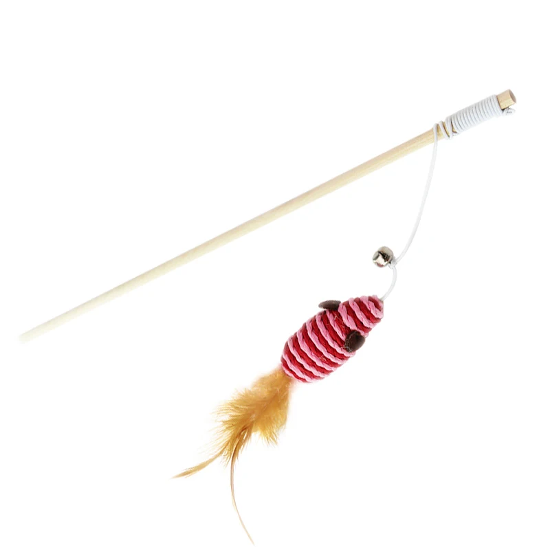 

Cartoon Pet Cat Teasing Toy Feather Flax Wooden Stick Mouse Toy Mini Bell Cat Catching Stick Cat Interactive Toy