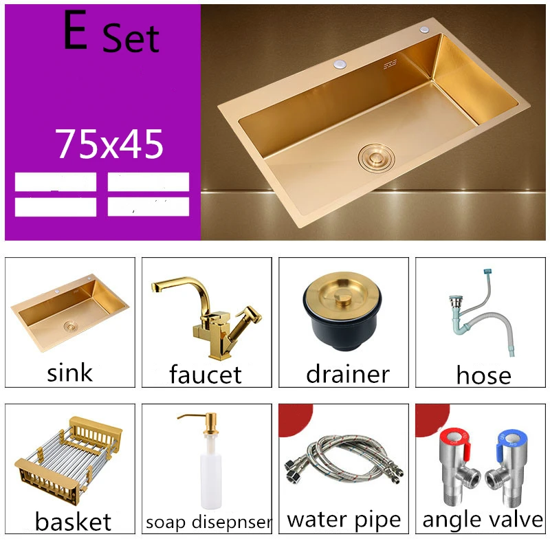 

Above Counter Single Bowl Stainless Sinks Nano Gold Sink Stainless Steel Brushed Kitchen Sink Large Size Sink Drainer Basket