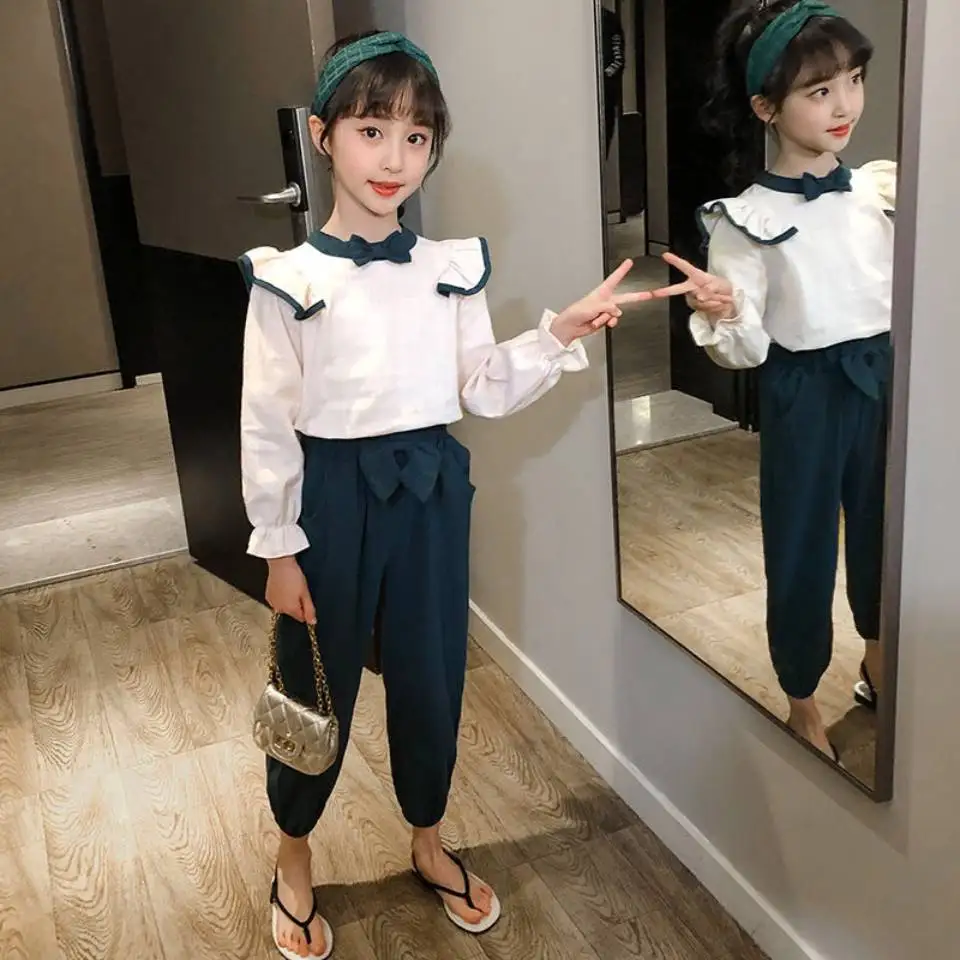 

Spring Autumn 2020 New Kids Girls Clothes Set Turn-down Casual Blouse +Pants 2Pcs Kids Clothing Sets For 3T 4 6 8 10 12 Year