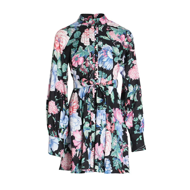 

New Sleeve Single row Button High waist Short A shaped Cotton and Hemp Dress Female in Europe and America