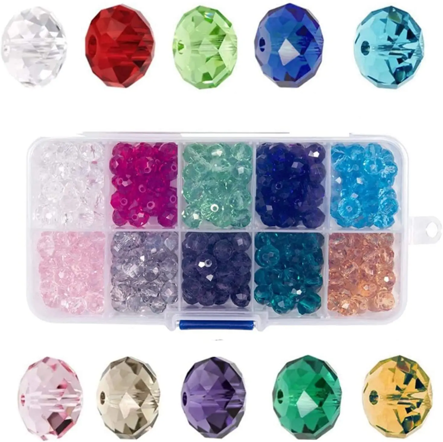 

Glass Beads Wholesale Briolette Crystal Finding Spacer Beads Faceted Rondelle Shape Assorted 10 Colors with Container Box
