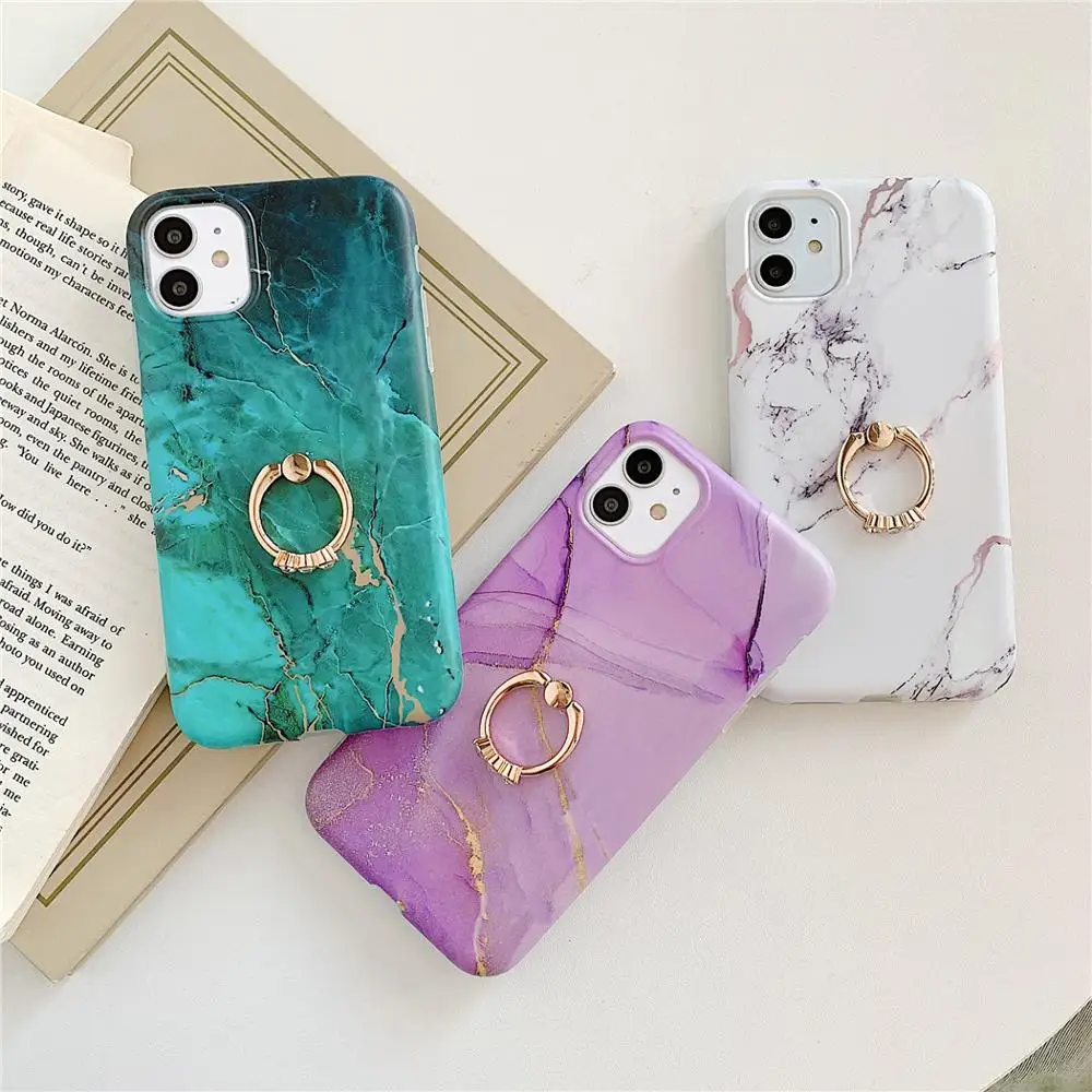 Ring Holder Purple Soft Phone Case For iPhone 13 12 11 Pro XS Max XR X 7 8 Plus SE Stand Back Cover Granite Stone Marble Texture