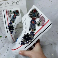 2021 spring new high top canvas shoes womens handmade rhinestone bazooka fashion all match flat lace up casual shoes