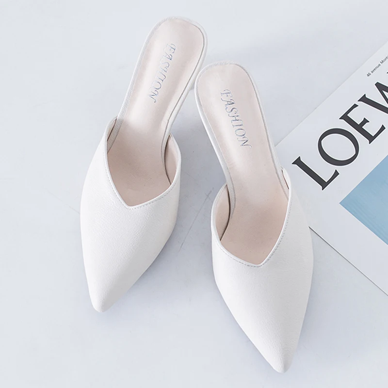 

2021 White Elegant Office Shoes Women Temperament High Heels 5CM Slip on Sandals Slip-on Comfortable Ladies White Women Shoes