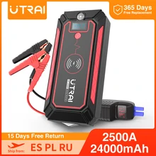 Car Jump Starter 24000mAh 2500A Power Bank Car Battery with 10W Wireless Charger LCD Screen Safety Hammer Jump starter