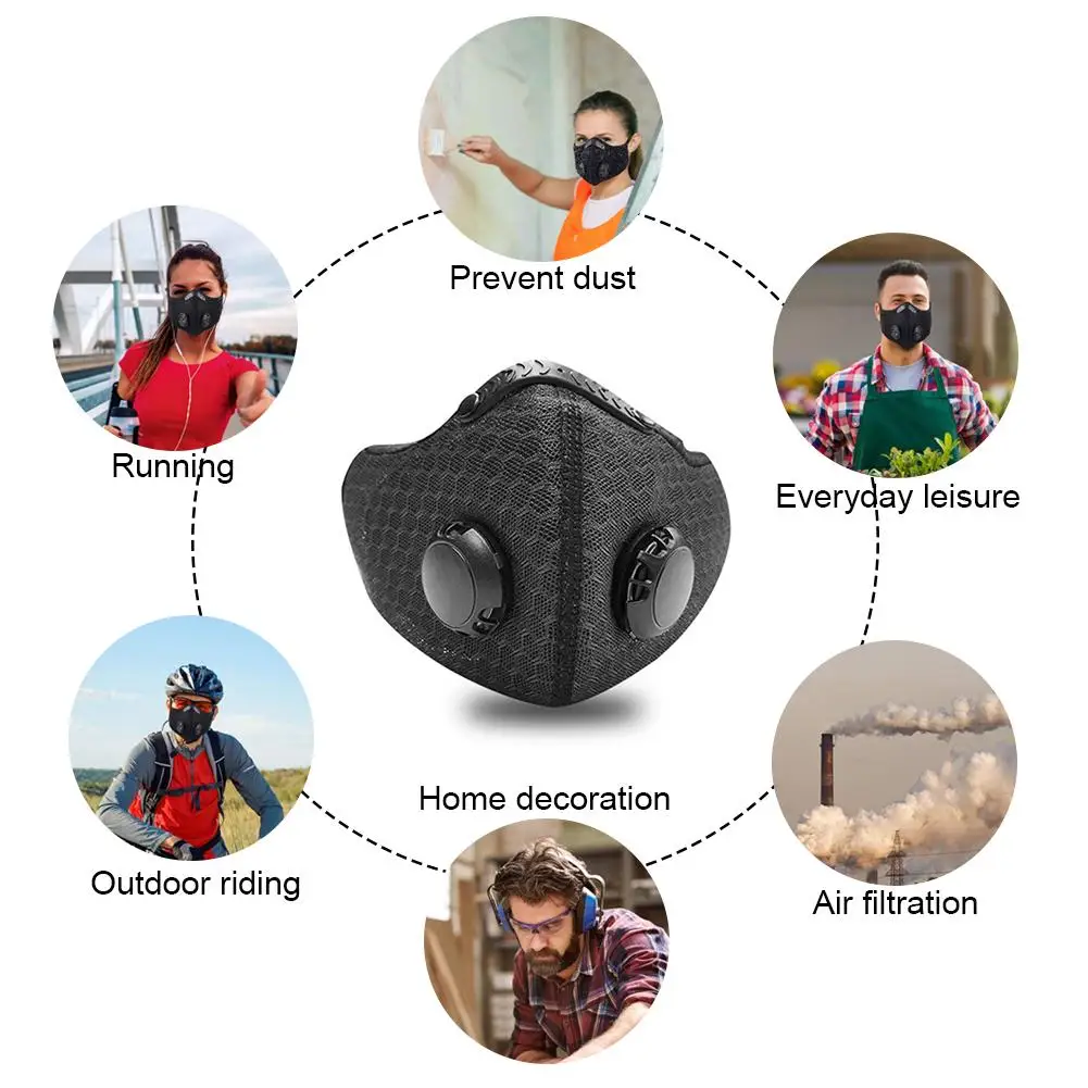 

Activated Carbon Mask Dustproof Protective Mask with Replacement Filter 2 Valves for Riding Running Skiing