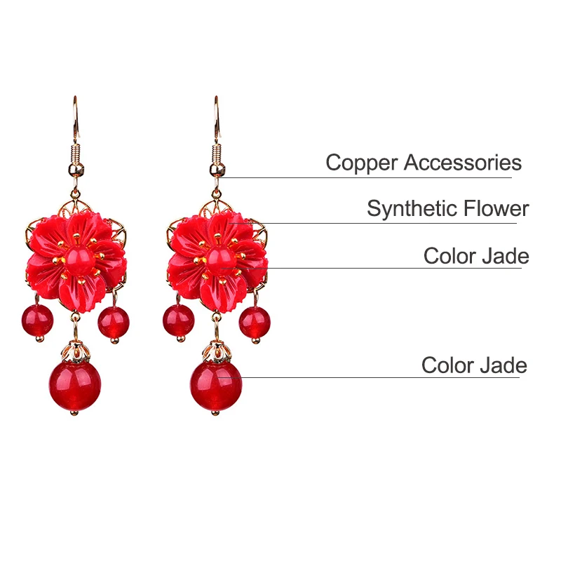 

Vintage Chinese Style Red Flower Bride Earrings Women Ethnic Classical Palace Dangle Earrings Woman Fashion Wedding Jewelry Gift