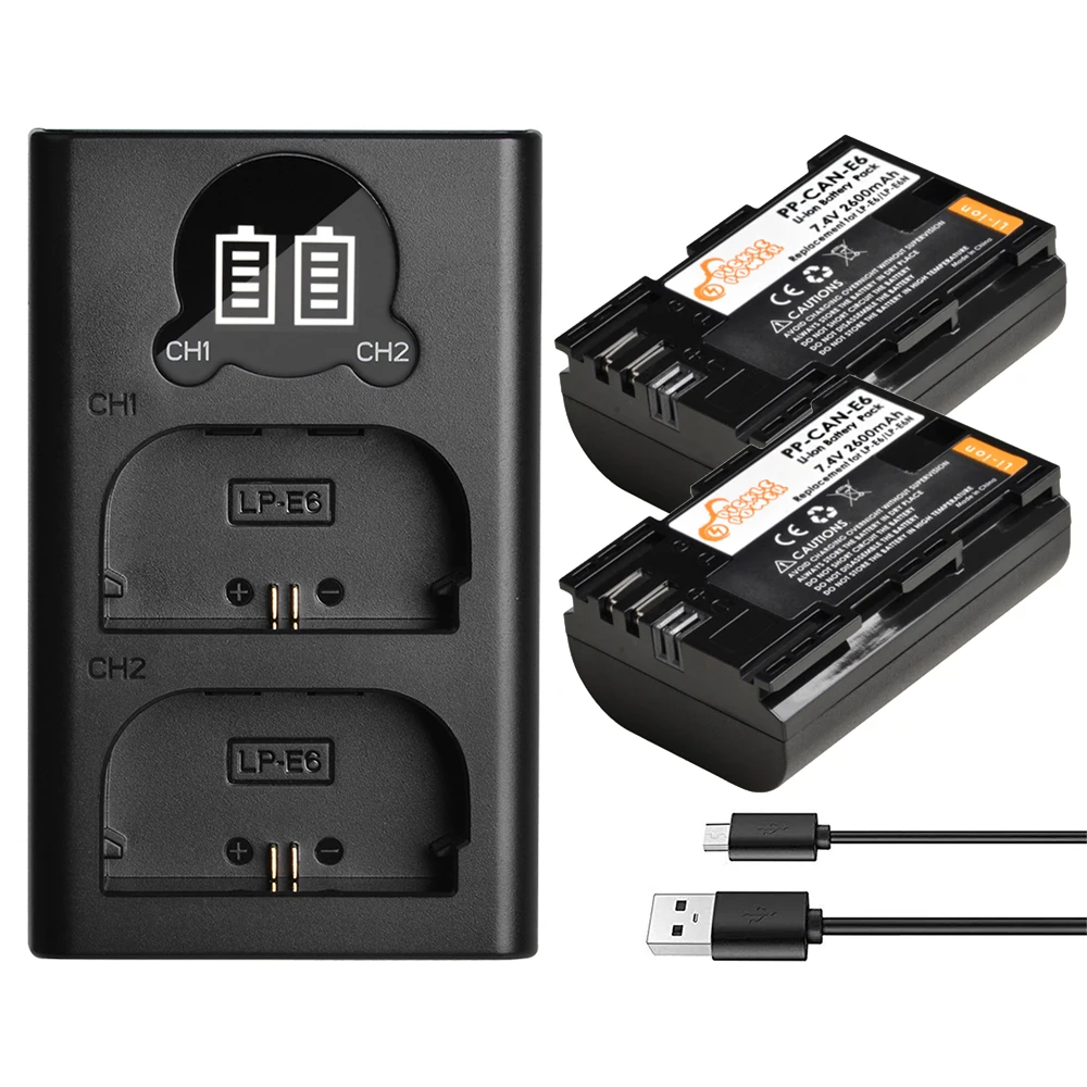 2 шт. светодиодный Аккумулятор для камеры LP E6 LPE6 E6N двойное зарядное устройство USB