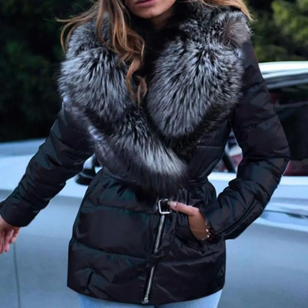 

Winter Jacket Slash Zipper Belt Bright Surface Women Jacket Winter Women Faux Fur Collar Puffer Jacket for Fall Winter