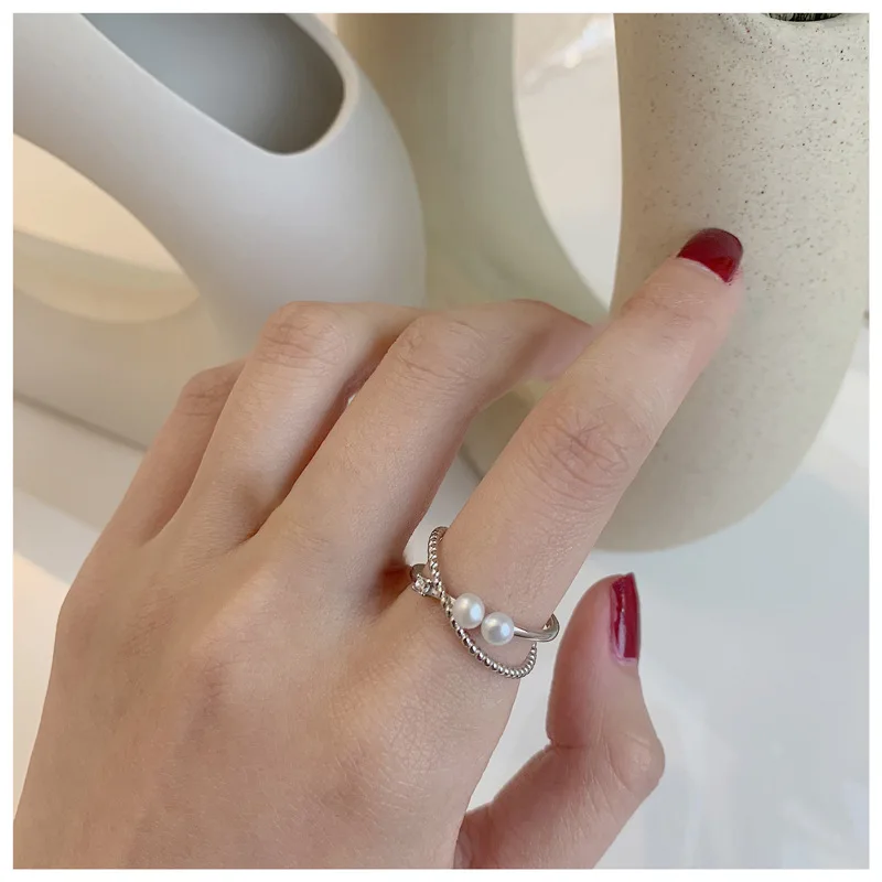 

Korean Version S925 Sterling Silver New Fashion Double Layer Cross Pearl Ring Woman Trend Engagement Wedding Jewelry Gift