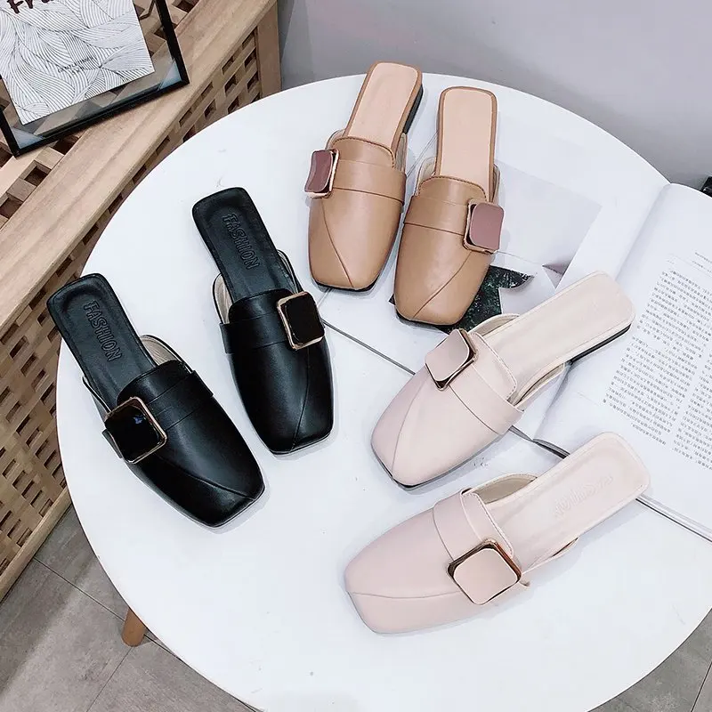 

Женские мюли WOHDHE, коллекция Лето 2021, повседневные однотонные сандалии с закрытым носком, модные женские классические кожаные туфли на низко...