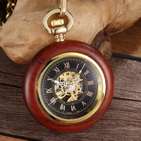 antique wooden mechanical pocket watch man women exquisite carved roman numberal design steampunk small ring chain clock gifts