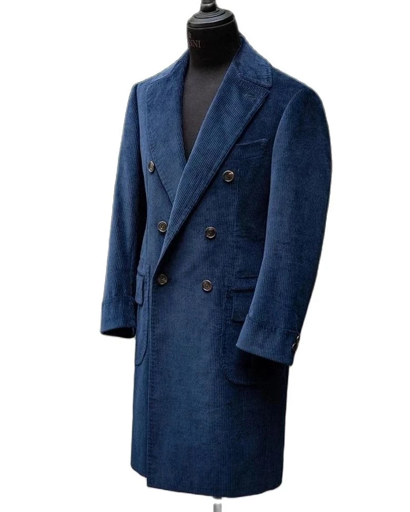 

Темно-синее вельветовое двубортное Мужское пальто с лацканами, плотное теплое длинное пальто, повседневная официальная деловая мужская ку...