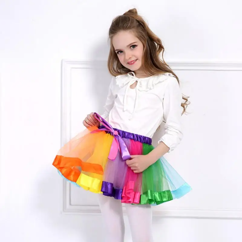 Радужная сетчатая юбка для девочек подъюбник многоцветная детская балетная