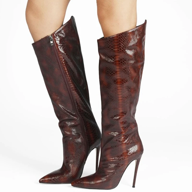 

High Heel Customized Big Size 47 Boots Calf Pointy Toe Stiletto Knee High Women Boots Snake Skin Side Zipper