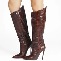 high heel customized big size 47 boots calf pointy toe stiletto knee high women boots snake skin side zipper