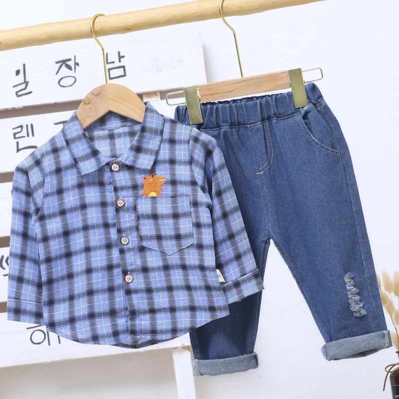 

Комплекты одежды для маленьких девочек и мальчиков на весну и осень, клетчатая рубашка с лацканами и джинсы, Детский костюм, одежда для отды...