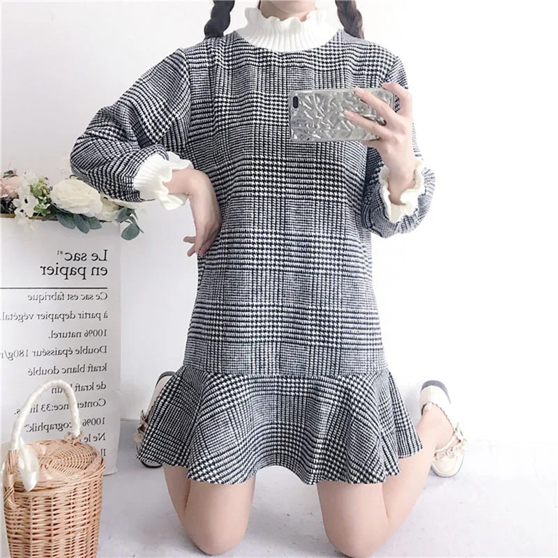 

Women's Dress Ruffled Plaid Autumn Long Sleeve High Waist Belt Slim Sexy Mini Japan Harajuku Dresses Woman Vestidos Female Ls179