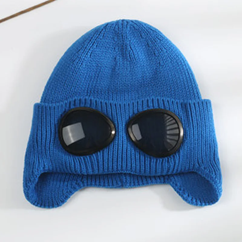 Синий Moveable Glasses Warm Fleece Lined Women Snow Hat Knitted Winter Cap Cover Ears Orange Yellow Purple Blue Black White Green - Цвет: Синий