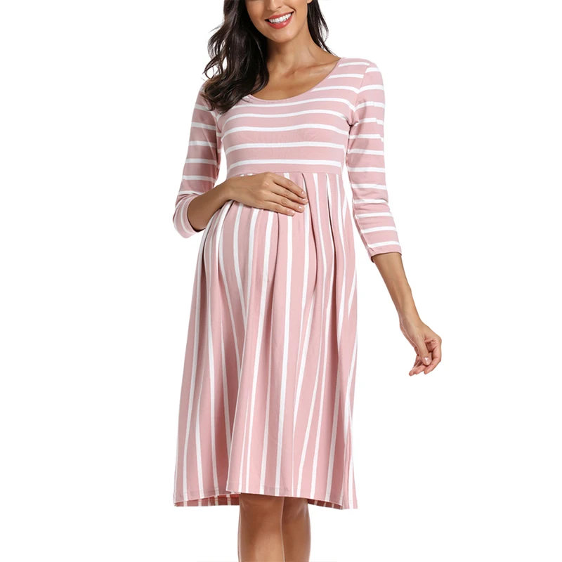 Женская полосатая одежда для беременных платье 3/4 рукав с рюшами Baby Shower Одежда