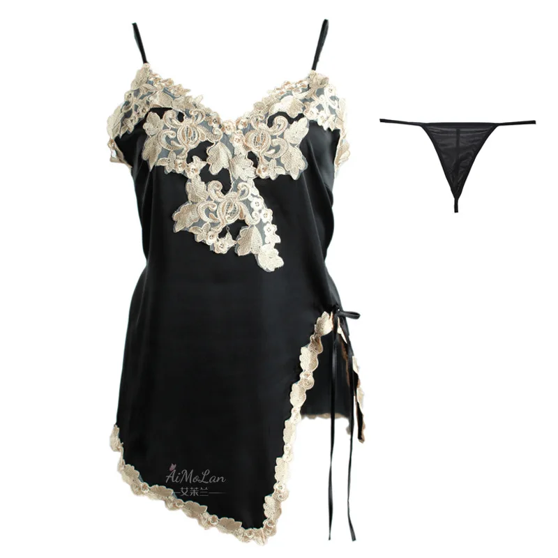 

2021 Erotic Deep V Temptation Pajamas Backless Thin Satin Nightdress Female Summer Lace Sleepwear Sets Sexy Lingerie Mini Dress