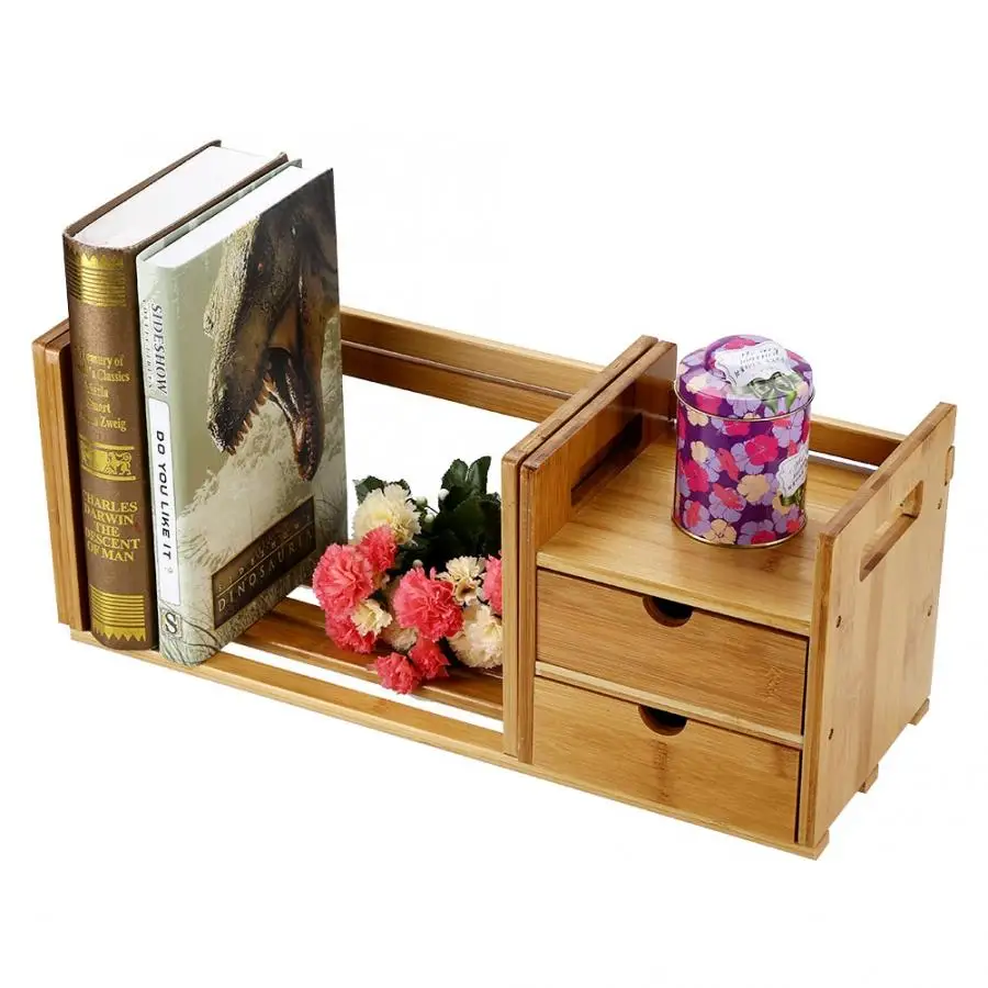 Bamboo Wood Extendable Desk Tabletop Book Rack Bookshelves Bookcase Organizer with 2 Drawer High Quality |