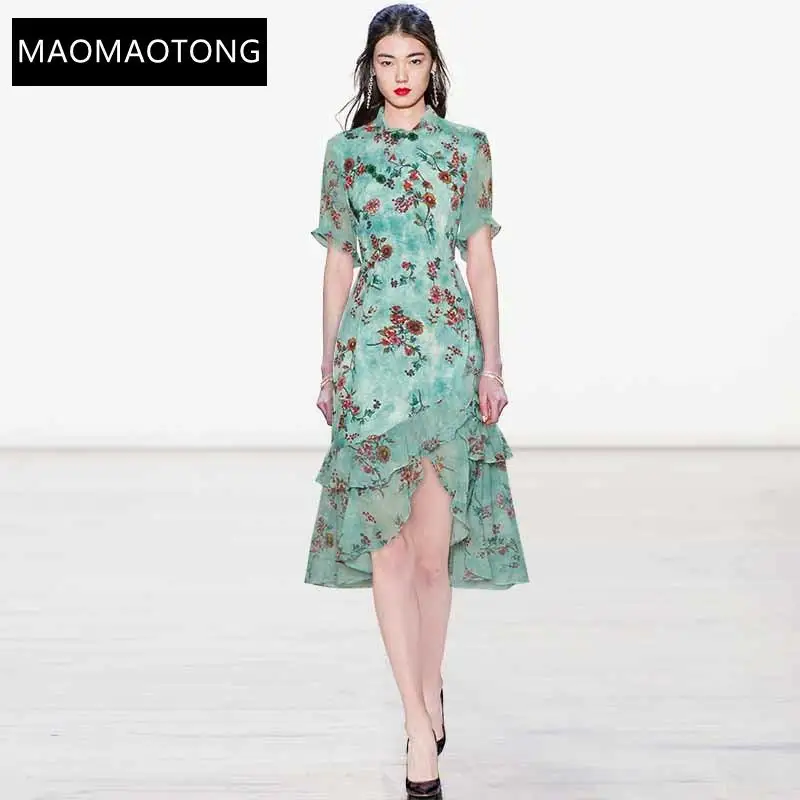 

Fashion Designer Dress Summer Women's Dress Stand Collar Floral-Print Beaded Asymmetrical Ruffles Chinese Style Dresses