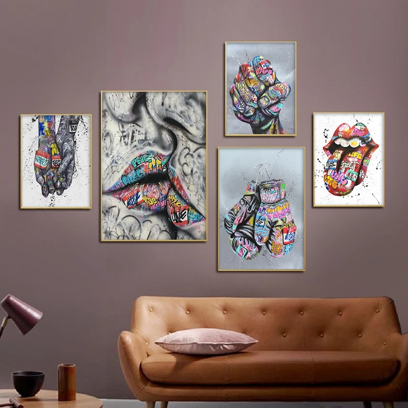 

Fist Glove Street Art Poster Kiss Handshake Mouth Art Poster Home Decoration Living Room Bedroom Bar Decoration