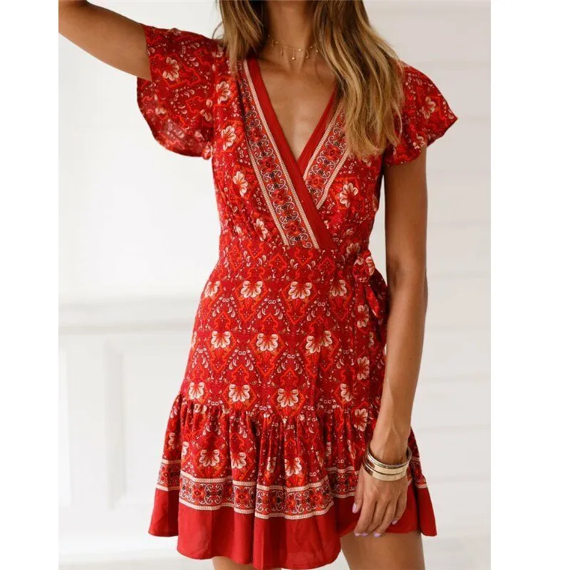 Hirigin Boho Летнее женское платье с цветами высокая талия шнуровка пляжный сарафан