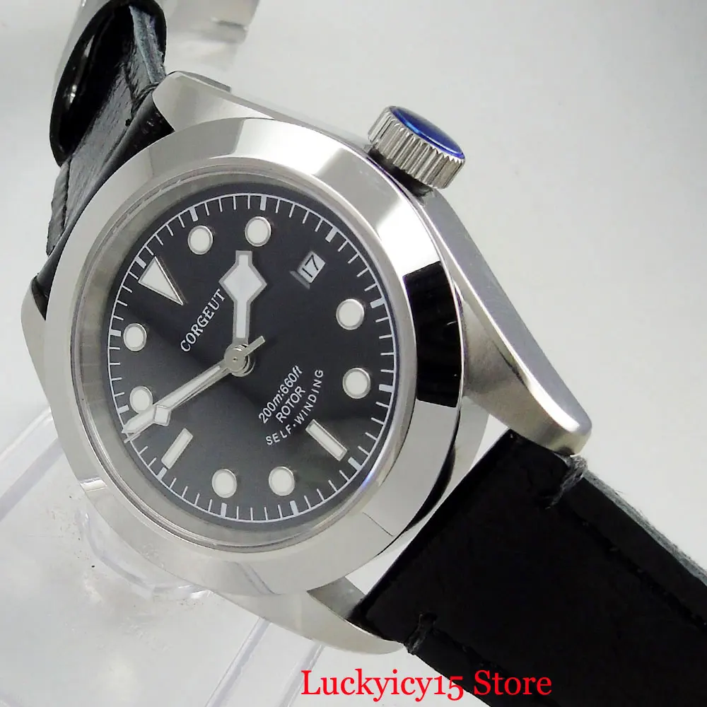 

Polished 41MM Men Watch Date Window Automatic Movement Leather Strap Wristwatch Sapphire Glass