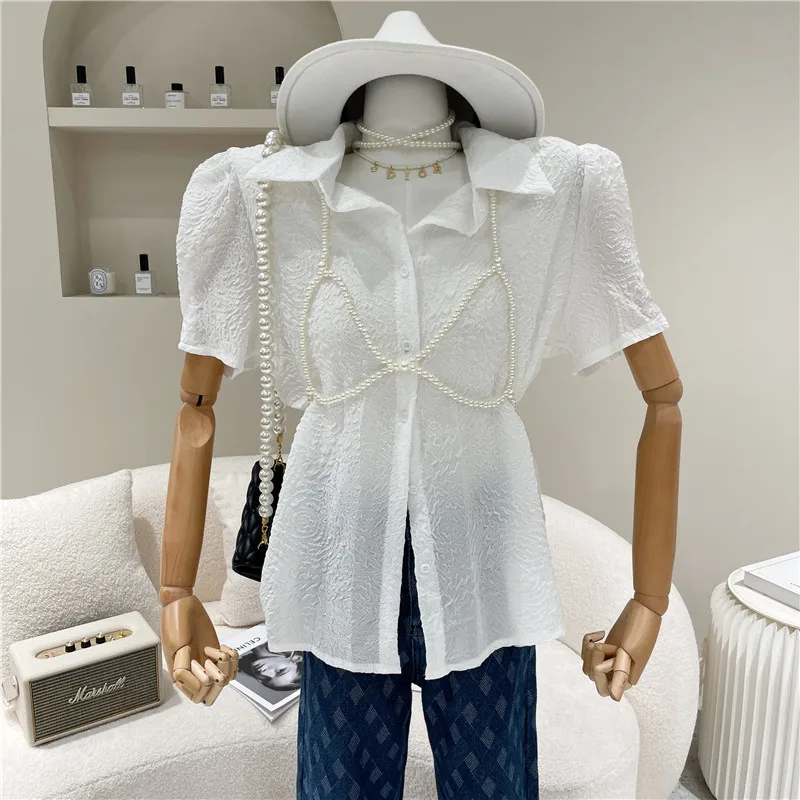 

Women's Spring Summer 2021 Fashion Retro Beaded short sleeve shirt Top