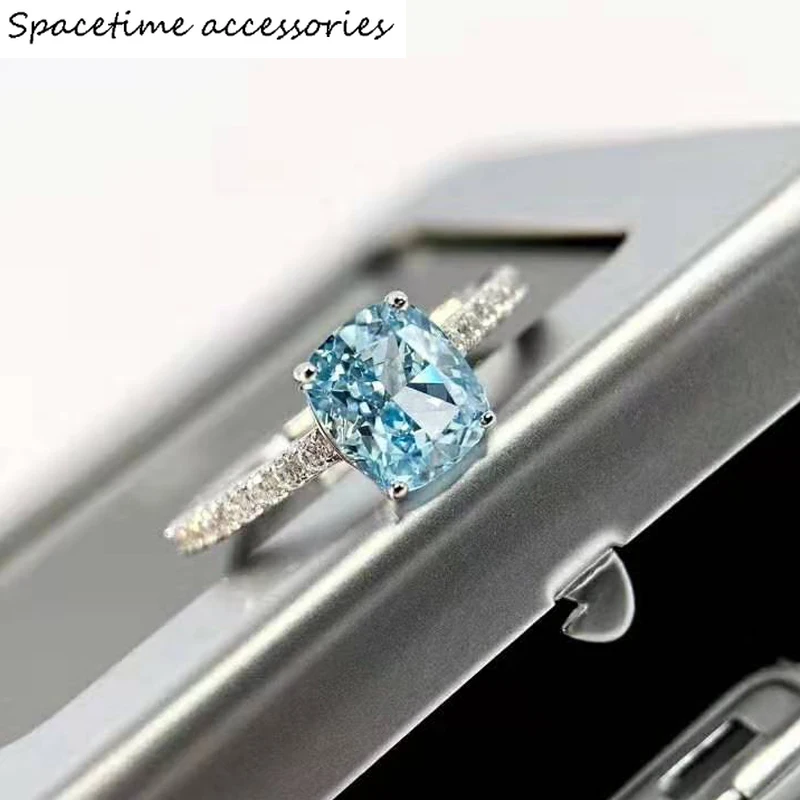 

EarringSterling Silver Aquamarine High Carbon Diamond Bridal Rings Sparkling Engagement Wedding Party Fine Jewelry GiftsRings