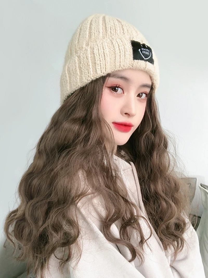 

Autumn and winter women knitted hat long curly hair integrated detachable knitted hat wig