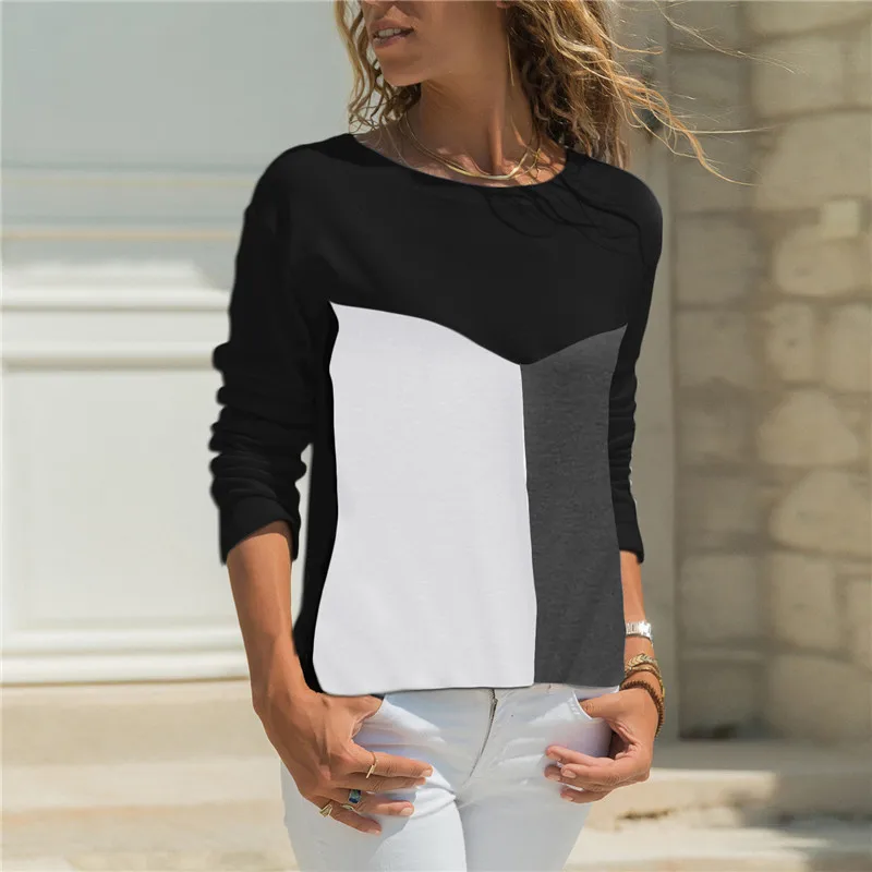 Женская Повседневная Блузка с длинным рукавом круглым вырезом в стиле пэчворк на